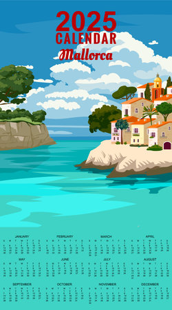 Monthly 2025 Calendar Vintage travel poster Mallorca Spain, tropical resortのイラスト素材