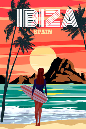 Vintage travel poster Ibiza Spain, tropical resortのイラスト素材