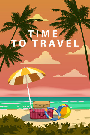 Time to travel summer vacation poster with luggage bagsのイラスト素材