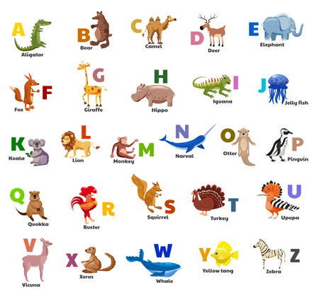 Animal alphabet collection. Funny cartoon fontのイラスト素材