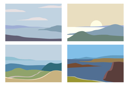 Set of abstract minimal landscape, mountain sea, minimal flat styleのイラスト素材