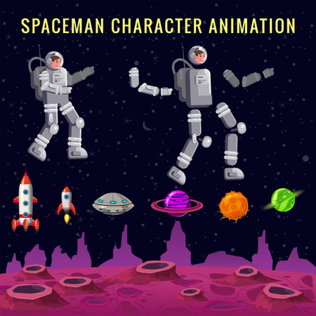 Spaceman kit constructor in cartoon style, fantasy space cartoon game backgroundのイラスト素材