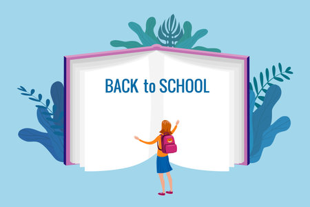 Back to school, the student girl stands in front of an open book of knowledgeのイラスト素材