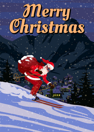 Merry Christmas poster Santa Claus skiing in snow mountainsのイラスト素材