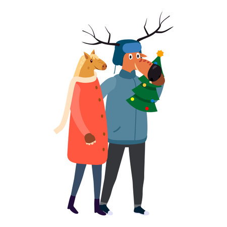 Couple quadrober wearing animal horse and deer maskのイラスト素材