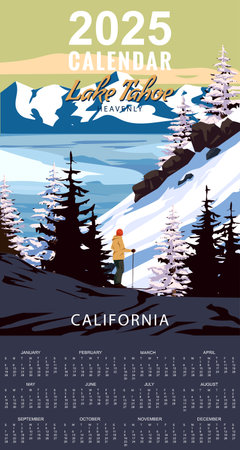 2025 Calendar Monthly Lake Tahoe Ski Travel resort poster vintage. California USAのイラスト素材