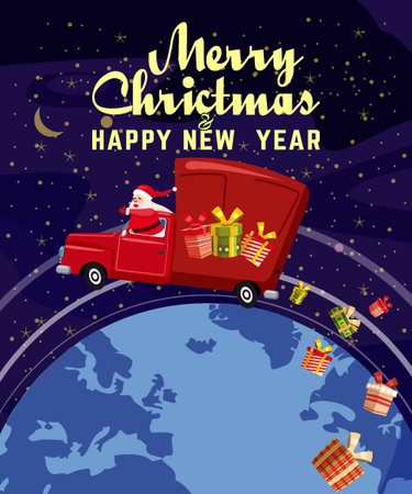 Santa Claus delivery gift boxes an old retro truck, planet Earthのイラスト素材