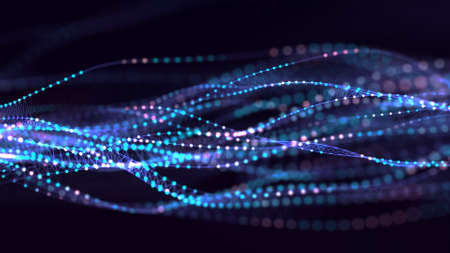 Dna from a moving wave and particles. Abstract dark background. The science of medicine. biotechnology. The concept of a gene cell. Blue dots and lines. 3d renderingの写真素材