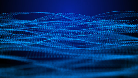 Dna from a moving wave and particles. abstract background. The science of medicine. biotechnology. The concept of a gene cell. Blue dots and lines. 3d renderingの写真素材