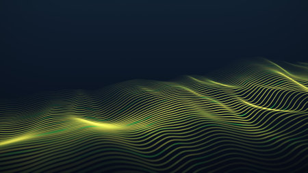 Dynamic yellow wave on a blue background. Visualization of big data. Futuristic particle wave....