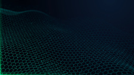 Futuristic dark background. The wave effect of digital particles. big data. Illustration of technologies and artificial intelligence. The effect of particle oscillation. 3D rendering.の写真素材
