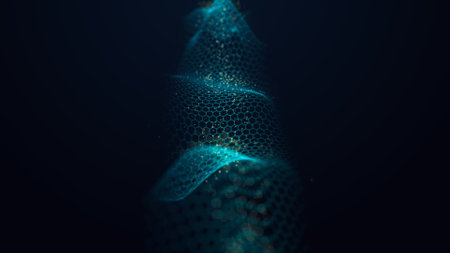 Futuristic digital hexagonal grid. Abstract dark background of particle flow. Big data analysis and...