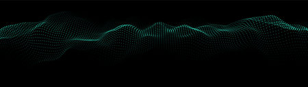 A moving digital 3d wave. Futuristic dark background with dynamic green particles. The concept of...