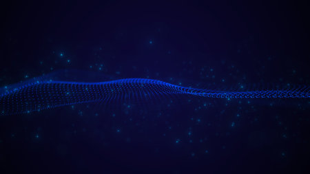 Abstract blue wave of dots and flying particles. Information cyberspace. Illustration of a network connection. The concept of big data. 3d rendering.の写真素材