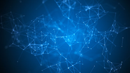 Abstract blue background with moving lines and dots. The concept of big data, technology and...