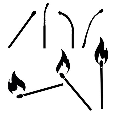 Burning matches for ignition. Vector black and white illustration. A set of matches with fire with different stages of combustion.のイラスト素材
