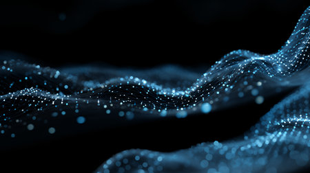 Abstract background with moving lines and dots. Network connection. Worldwide connection to the Internet. 3d rendering.の素材