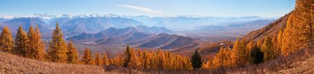 Picturesque mountain valley, panoramic autumn view, 180 degrees
