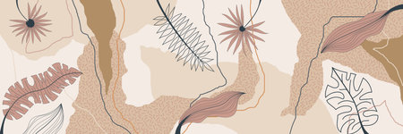 Vector banner, abstract shapes and tropical leaves, floral backgroundのイラスト素材
