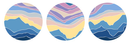 Set of abstract graphic circle elements, stylization of the mountain landscapeのイラスト素材
