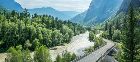 Chuysky tract - a picturesque road in the Altai mountains, Russia. Panoramic view, morning light.の写真素材