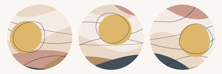 Set of abstract graphic circle elements, stylization of the mountain landscape, the sunのイラスト素材