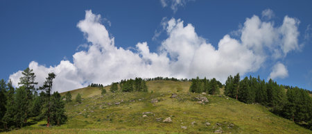 Green hill and blue sky with white clouds, panoramic viewの写真素材