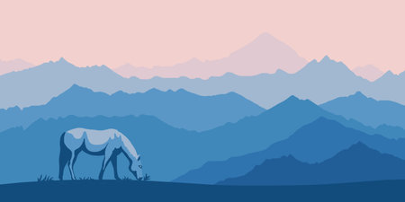 The horse grazes on the background of the mountains in the morning lightのイラスト素材