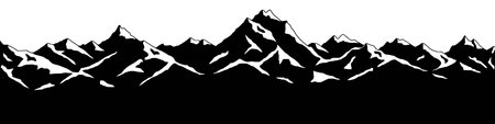 Snow covered mountain peaks, mountain range panoramic view, black and white landscapeのイラスト素材