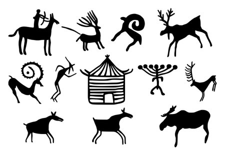 A series of petroglyphs, rock paintings of Siberia, vector designのイラスト素材