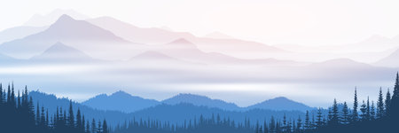 Vector illustration of mountains, valley in fog, morning light, panoramic viewのイラスト素材