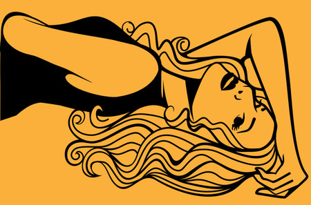 woman with beautiful hair lies on a yellow backgroundのイラスト素材