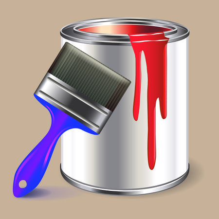 a can of red paint and a brushのイラスト素材