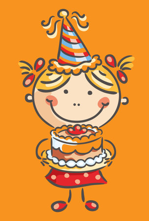 children's drawing of a girl with a birthday cakeのイラスト素材
