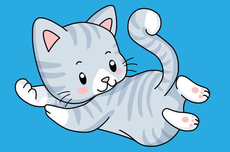 gray striped kitten on a blue backgroundのイラスト素材