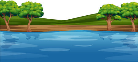 landscape river trees grass natureのイラスト素材