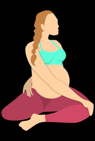 pregnant girl doing yoga on the floorのイラスト素材