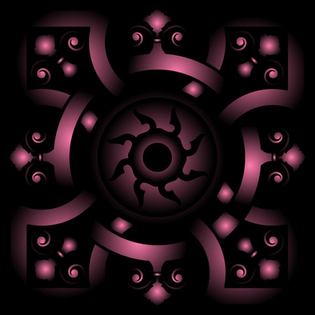 purple white pattern ornament snowflake on a black backgroundのイラスト素材
