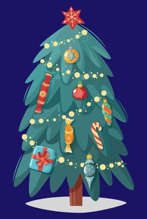 decorated Christmas tree with toysのイラスト素材