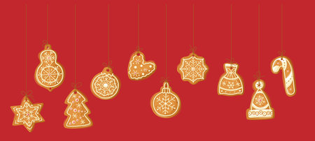 gingerbread toys for christmas on a red backgroundのイラスト素材