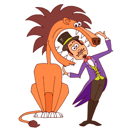 the trainer puts his head in the lion's mouthのイラスト素材