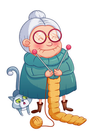 old grandmother with glasses knitsのイラスト素材