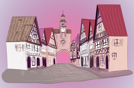 vintage street in pink color vector illustrationのイラスト素材