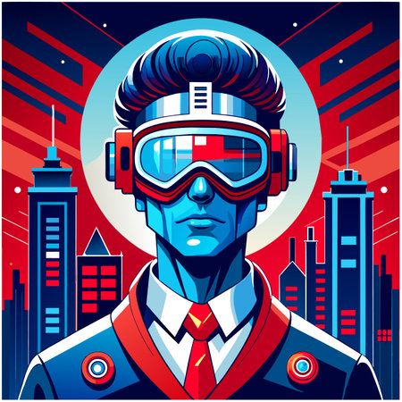 man in virtual glasses in techno cityのイラスト素材
