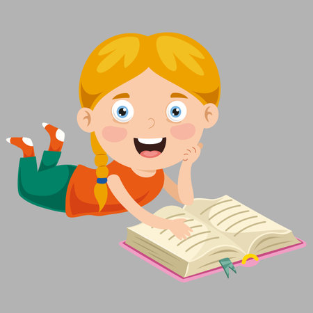 girl child reading a book lying downのイラスト素材