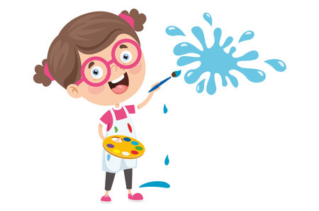 little girl with glasses draws with paintsのイラスト素材