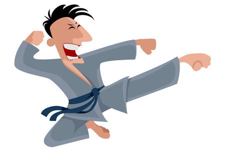 male karateka in a gray kimano jumpingのイラスト素材
