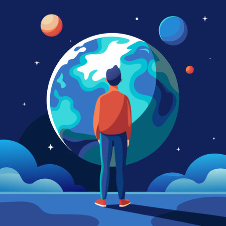 man looking at the planetsのイラスト素材