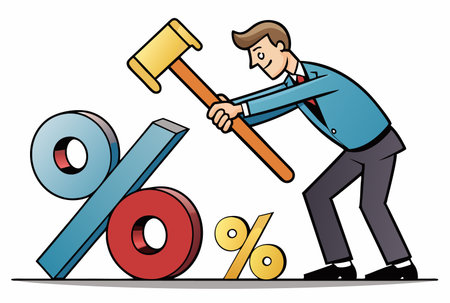 man with wooden hammer makes discount percentagesのイラスト素材