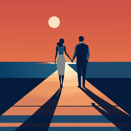 a couple in love walks to the sea against the backdrop of a sunsetのイラスト素材